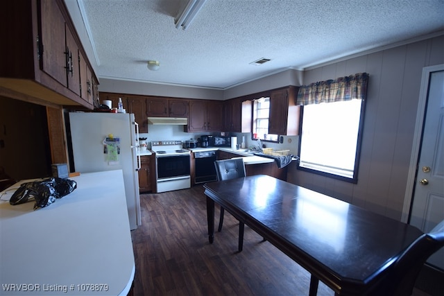 kitchen featuring dark hardwood / wood-style flooring, sink, a textured ceiling, and white appliances