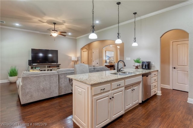 5707 Callaway Ln, Fort Smith, AR 72916 - kitchen featuring arched walkways, stainless steel dishwasher, a ceiling fan, dark wood-style flooring, and hanging light fixtures