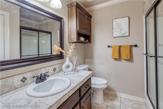 5707 Callaway Ln, Fort Smith, AR 72916 - bathroom featuring ornamental molding, a stall shower, vanity, and tile patterned flooring