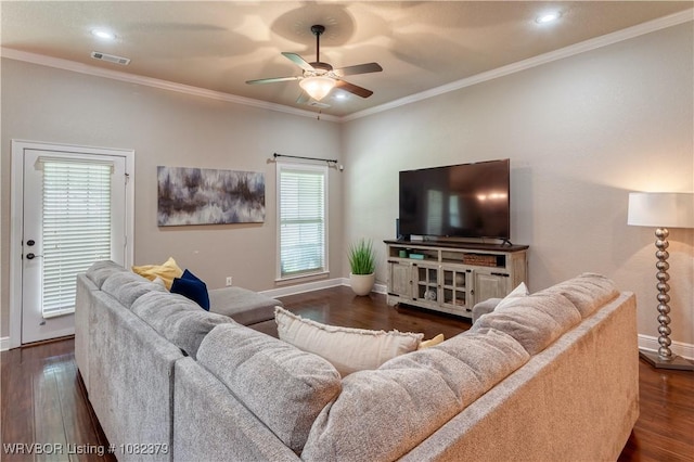 5707 Callaway Ln, Fort Smith, AR 72916 - living area with a ceiling fan, dark wood-type flooring, crown molding, and recessed lighting