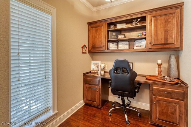 5707 Callaway Ln, Fort Smith, AR 72916 - home office featuring crown molding, built in study area, and dark wood-style flooring