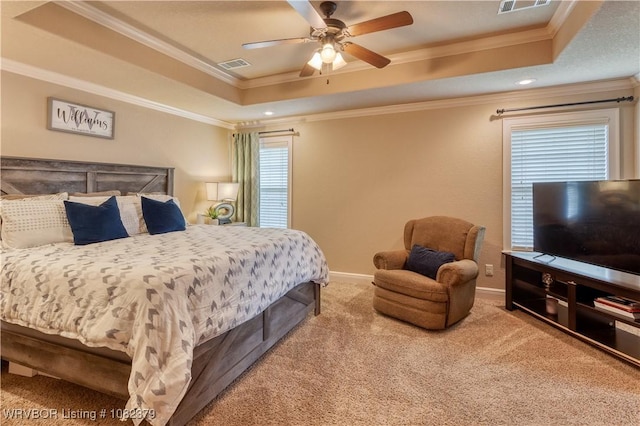 5707 Callaway Ln, Fort Smith, AR 72916 - bedroom featuring a raised ceiling, carpet floors, ornamental molding, and ceiling fan