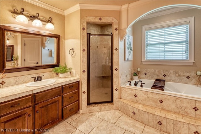 5707 Callaway Ln, Fort Smith, AR 72916 - bathroom featuring a bath, a shower stall, ornamental molding, vanity, and tile patterned floors