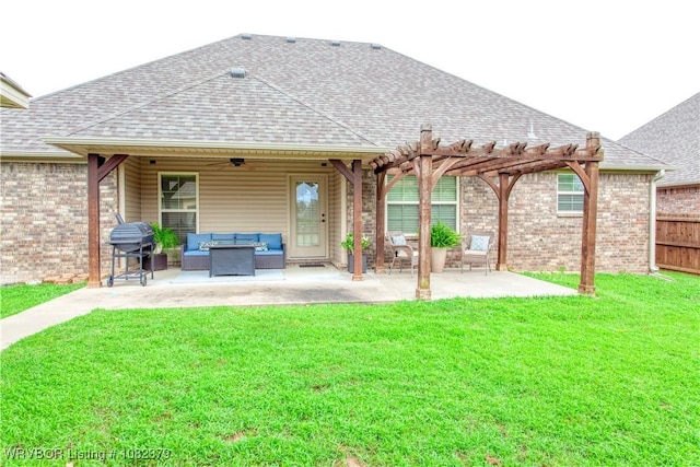 5707 Callaway Ln, Fort Smith, AR 72916 - back of property featuring a shingled roof, outdoor lounge area, a ceiling fan, and a pergola