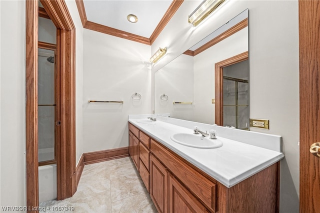 bathroom with shower / bath combination with glass door, vanity, ornamental molding, and tile patterned flooring