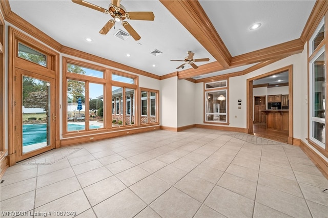 unfurnished living room featuring beamed ceiling, light tile patterned floors, and ornamental molding