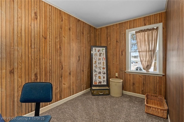 unfurnished room featuring wood walls, carpet, and baseboards