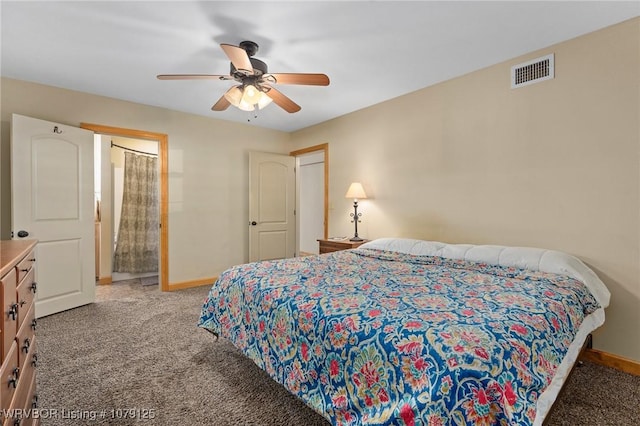 bedroom featuring a ceiling fan, visible vents, light carpet, and baseboards