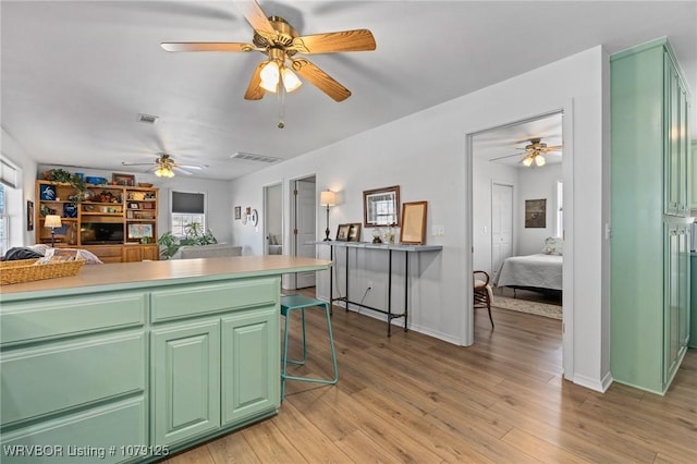 255 Spielerville Rd, Paris, AR 72855 - kitchen with light wood-style floors, a wealth of natural light, a kitchen bar, and ceiling fan