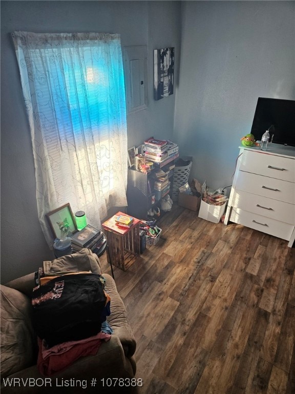 bedroom with dark hardwood / wood-style floors