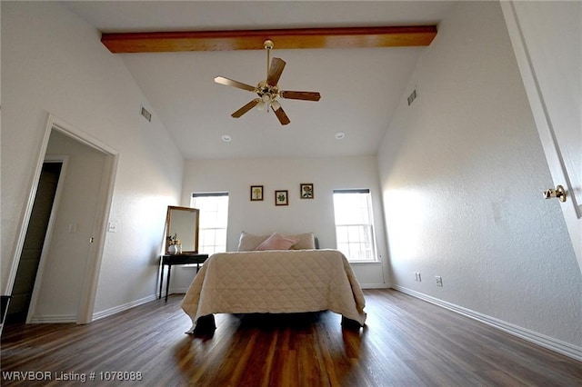 bedroom featuring ceiling fan, dark hardwood / wood-style flooring, beamed ceiling, and high vaulted ceiling