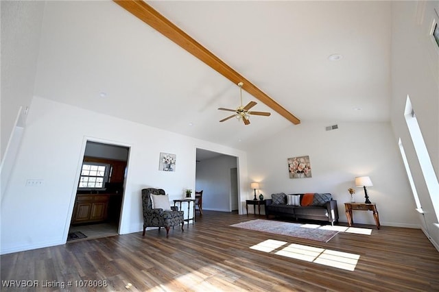 living room featuring beamed ceiling, dark hardwood / wood-style flooring, high vaulted ceiling, and ceiling fan