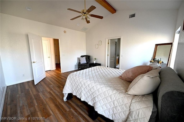 bedroom with vaulted ceiling with beams, ceiling fan, and dark hardwood / wood-style flooring