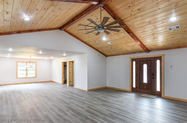 interior space with vaulted ceiling with beams, ceiling fan, hardwood / wood-style floors, and wooden ceiling