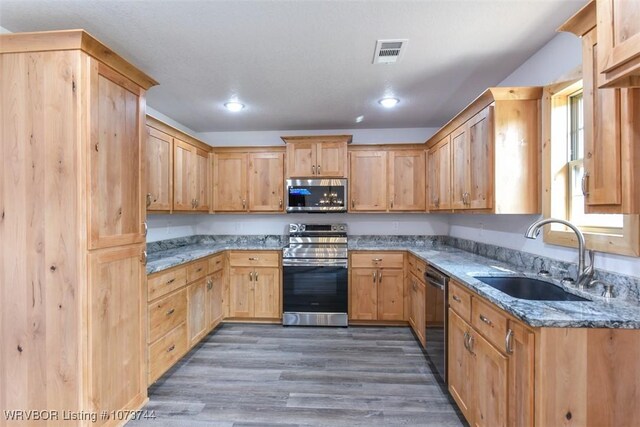 kitchen featuring light stone counters, sink, dark hardwood / wood-style floors, and appliances with stainless steel finishes