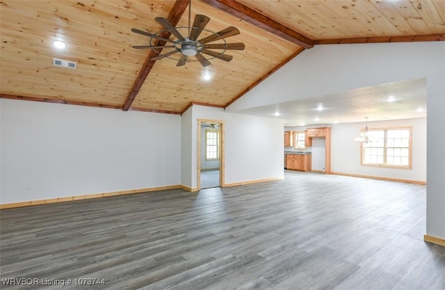 unfurnished living room with a wealth of natural light, wood ceiling, ceiling fan with notable chandelier, wood-type flooring, and vaulted ceiling with beams