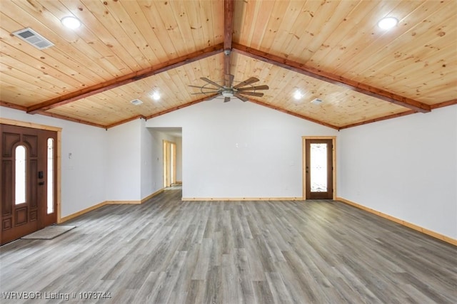 unfurnished living room featuring vaulted ceiling with beams, ceiling fan, wood-type flooring, and wooden ceiling