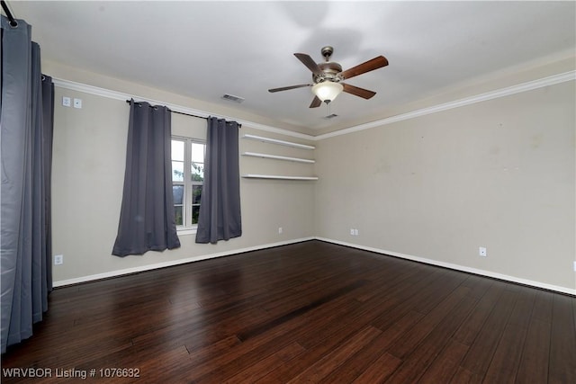 spare room with hardwood / wood-style flooring, ceiling fan, and ornamental molding