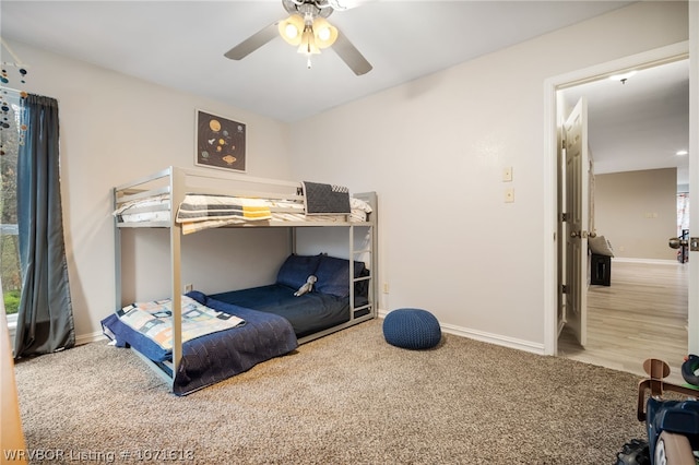 bedroom featuring carpet floors and ceiling fan