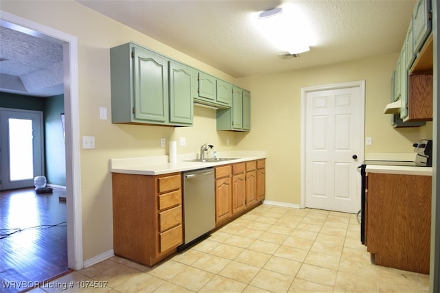 kitchen featuring range with electric cooktop, dishwasher, sink, range hood, and a textured ceiling