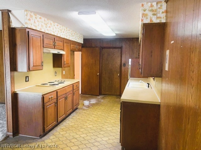 kitchen with light countertops, light floors, a sink, and under cabinet range hood