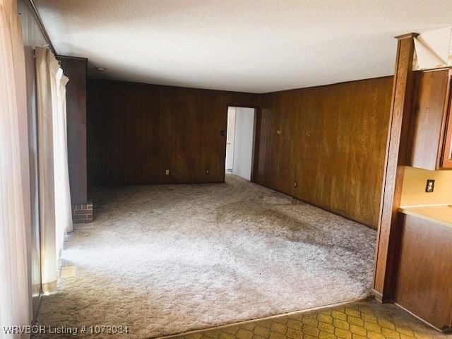 spare room featuring light carpet, wooden walls, and a textured ceiling