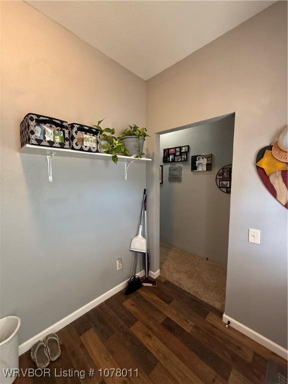 laundry area with dark hardwood / wood-style floors