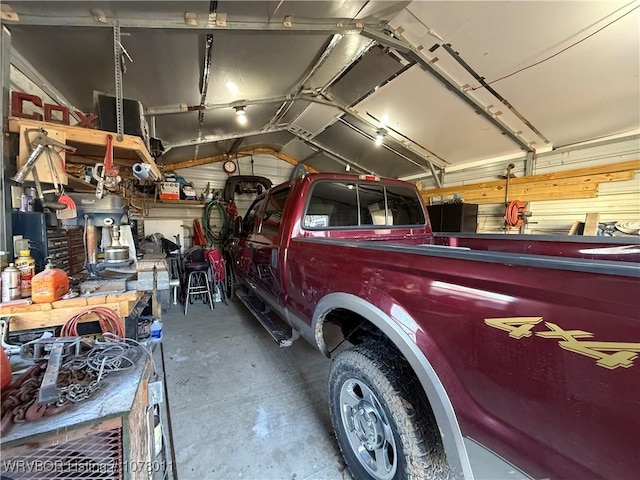 garage with wood walls