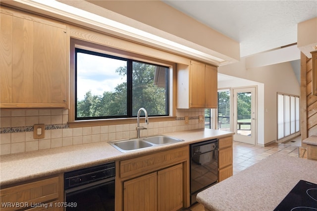 kitchen with decorative backsplash, cooktop, sink, dishwasher, and light tile patterned flooring