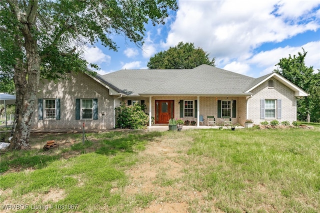 108498 4566th Rd, Sallisaw, OK 74955 - ranch-style home featuring brick siding, a porch, and a front lawn