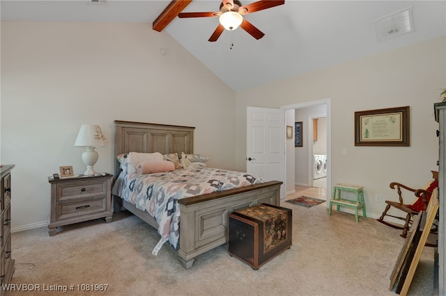 108498 4566th Rd, Sallisaw, OK 74955 - bedroom featuring washer and dryer, light colored carpet, beam ceiling, high vaulted ceiling, and a ceiling fan