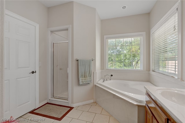 108498 4566th Rd, Sallisaw, OK 74955 - full bath featuring a garden tub, tile patterned floors, a shower stall, and vanity