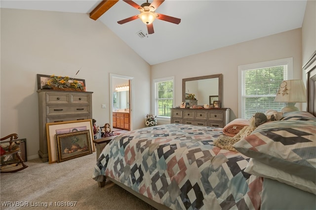 108498 4566th Rd, Sallisaw, OK 74955 - bedroom featuring light carpet, beam ceiling, high vaulted ceiling, ceiling fan, and connected bathroom