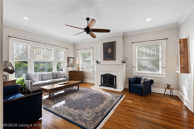 living room featuring ceiling fan, dark hardwood / wood-style floors, ornamental molding, and a fireplace