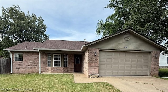 ranch-style home featuring roof with shingles, brick siding, driveway, a garage, and a front yard