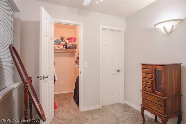 carpeted bedroom with a walk in closet, a closet, a ceiling fan, and baseboards