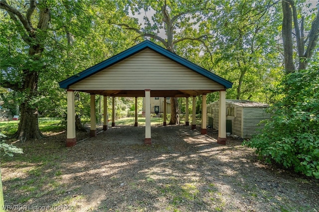 exterior space with a storage shed