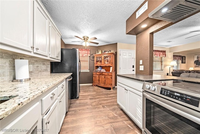 kitchen with light wood finished floors, ceiling fan, decorative backsplash, stainless steel appliances, and white cabinetry