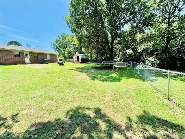 view of yard with a shed and a trampoline