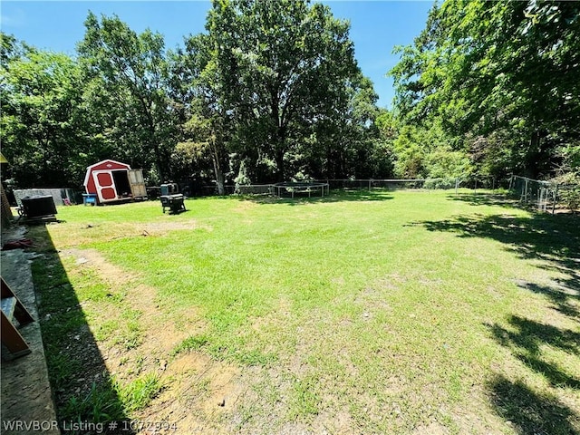 view of yard with a trampoline and a storage unit