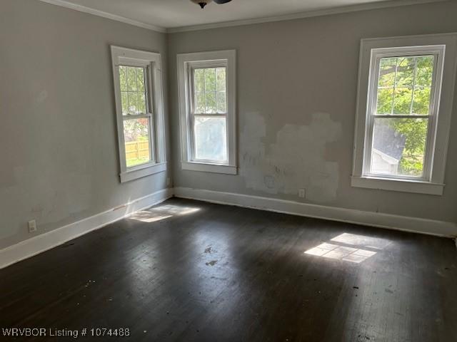 unfurnished room with dark hardwood / wood-style floors, ceiling fan, and ornamental molding