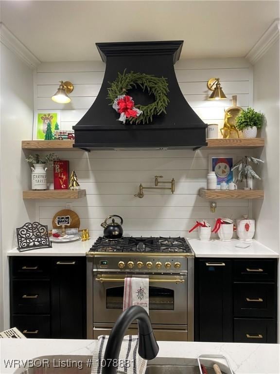 kitchen with high end range, backsplash, crown molding, and custom exhaust hood