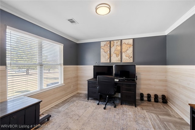 office area featuring crown molding