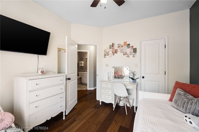 bedroom with ceiling fan and dark wood-type flooring