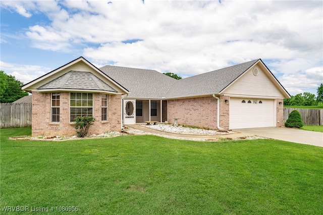 813 Melba Denton Ln, Sallisaw, OK 74955 - ranch-style house featuring an attached garage, brick siding, concrete driveway, and a shingled roof