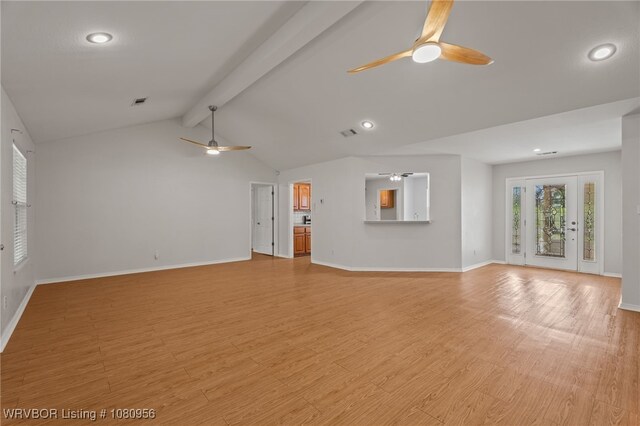 813 Melba Denton Ln, Sallisaw, OK 74955 - unfurnished living room featuring ceiling fan, baseboards, light wood finished floors, and recessed lighting