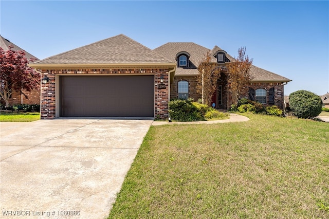 french country home featuring a front lawn, brick siding, driveway, and a shingled roof