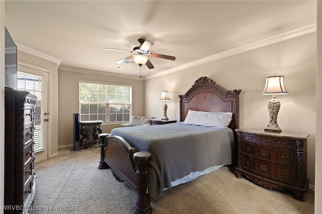bedroom featuring ceiling fan, baseboards, light colored carpet, and crown molding