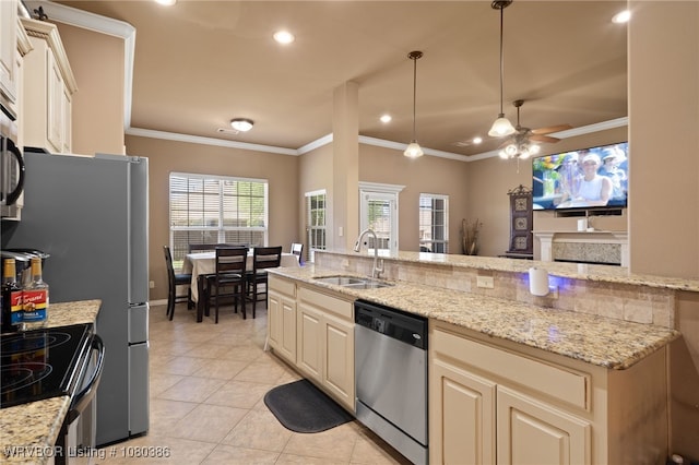 kitchen featuring stainless steel dishwasher, a ceiling fan, a sink, light tile patterned flooring, and recessed lighting