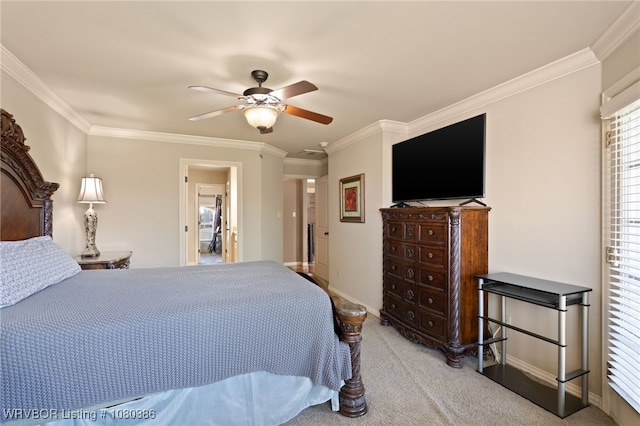 bedroom featuring ceiling fan, ornamental molding, baseboards, and light carpet